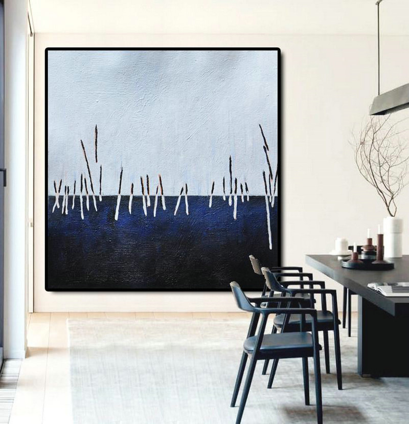 Large Contemporary Art Acrylic Painting,Oversized Abstract Landscape Painting,Artwork For Sale,White,Dark Blue,Black.etc